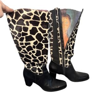 Diego di Lucca Black Leather Giraffe Print Calf Hair Shaft Boots Womens Size 7